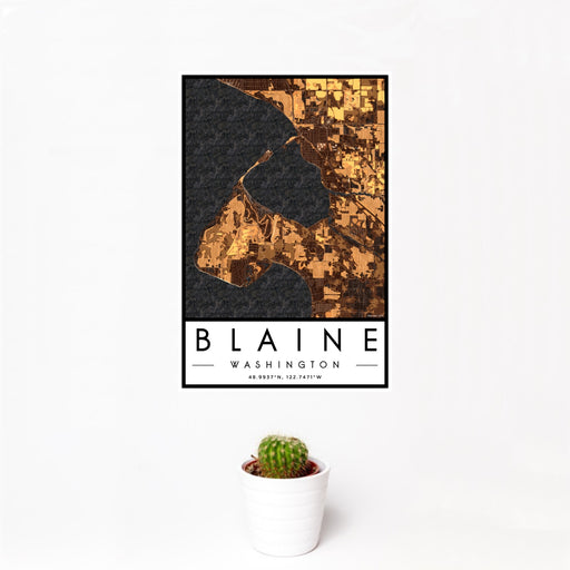 12x18 Blaine Washington Map Print Portrait Orientation in Ember Style With Small Cactus Plant in White Planter