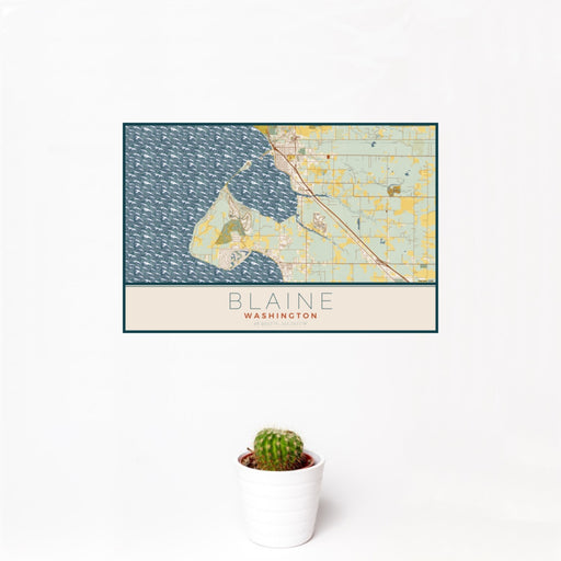 12x18 Blaine Washington Map Print Landscape Orientation in Woodblock Style With Small Cactus Plant in White Planter