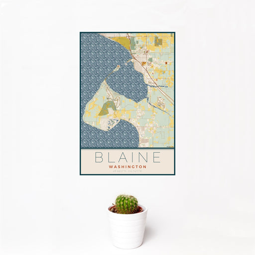 12x18 Blaine Washington Map Print Portrait Orientation in Woodblock Style With Small Cactus Plant in White Planter