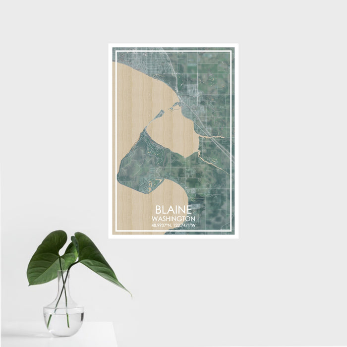16x24 Blaine Washington Map Print Portrait Orientation in Afternoon Style With Tropical Plant Leaves in Water
