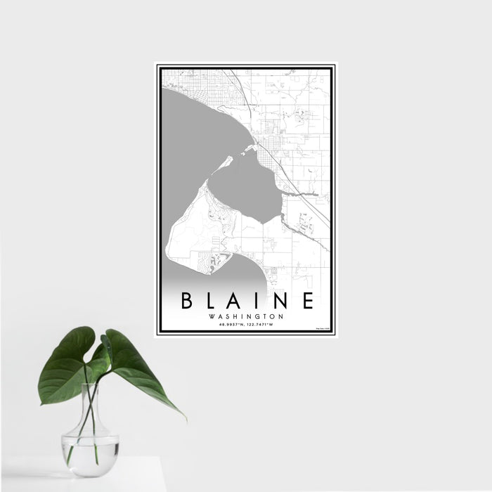 16x24 Blaine Washington Map Print Portrait Orientation in Classic Style With Tropical Plant Leaves in Water