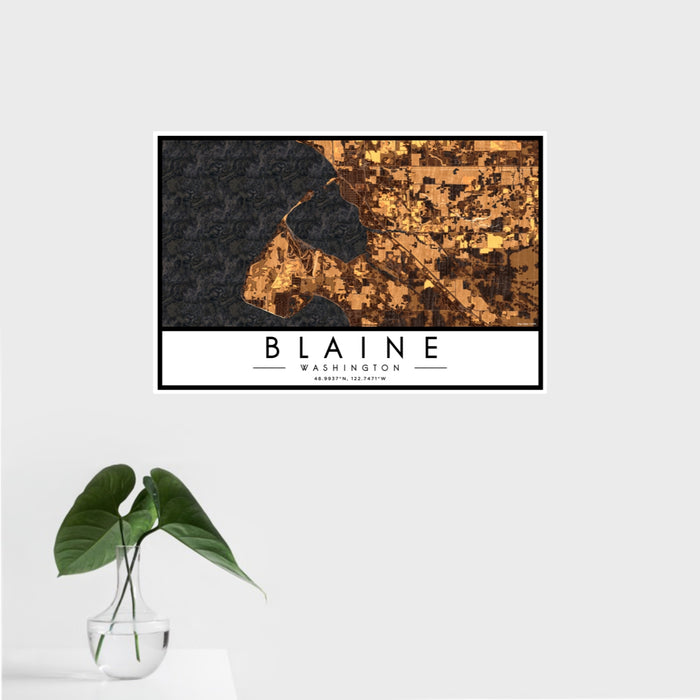 16x24 Blaine Washington Map Print Landscape Orientation in Ember Style With Tropical Plant Leaves in Water
