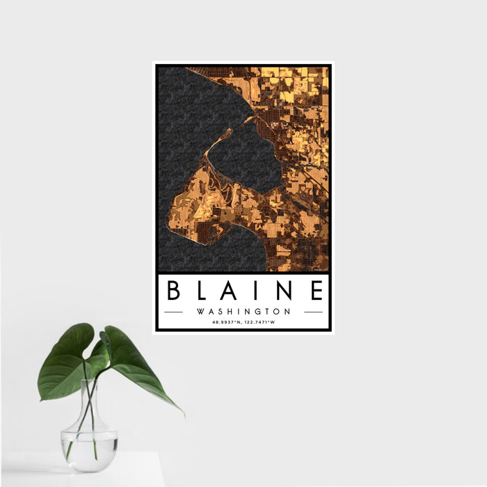 16x24 Blaine Washington Map Print Portrait Orientation in Ember Style With Tropical Plant Leaves in Water