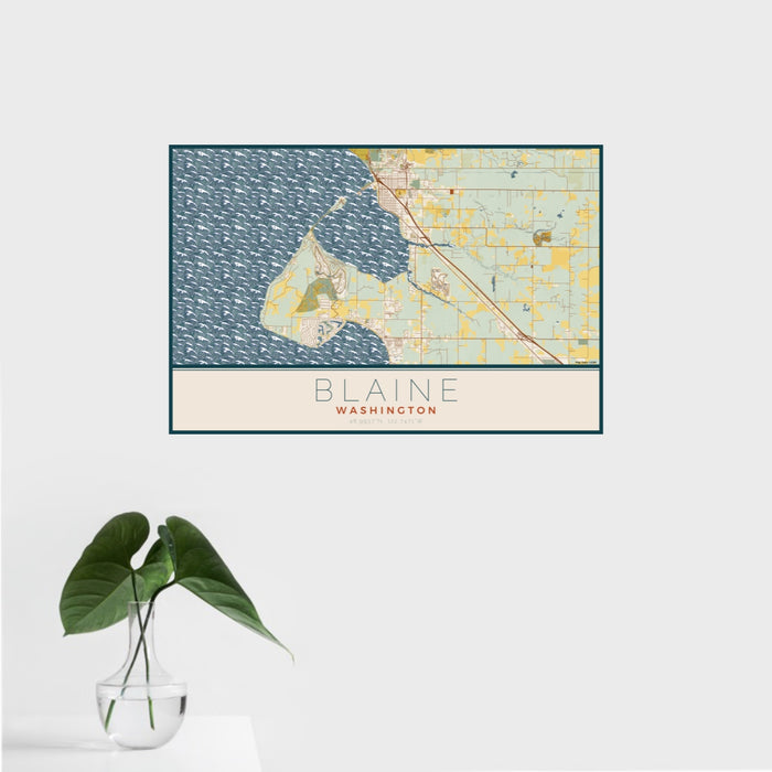 16x24 Blaine Washington Map Print Landscape Orientation in Woodblock Style With Tropical Plant Leaves in Water
