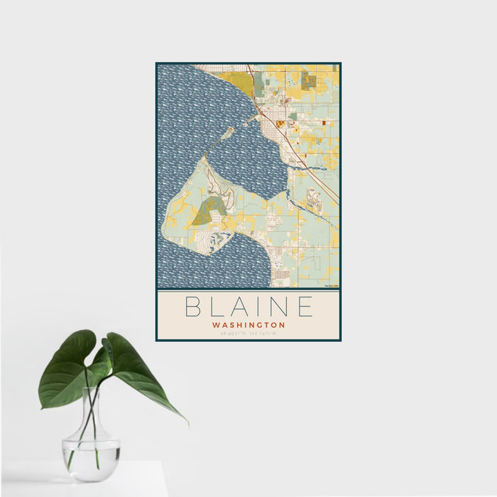 16x24 Blaine Washington Map Print Portrait Orientation in Woodblock Style With Tropical Plant Leaves in Water