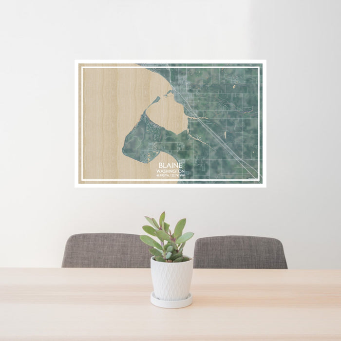 24x36 Blaine Washington Map Print Lanscape Orientation in Afternoon Style Behind 2 Chairs Table and Potted Plant
