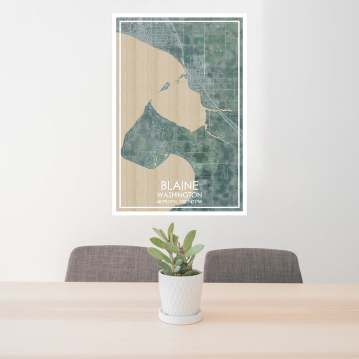 24x36 Blaine Washington Map Print Portrait Orientation in Afternoon Style Behind 2 Chairs Table and Potted Plant