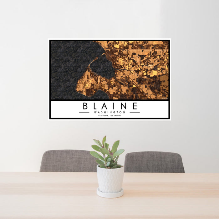 24x36 Blaine Washington Map Print Lanscape Orientation in Ember Style Behind 2 Chairs Table and Potted Plant