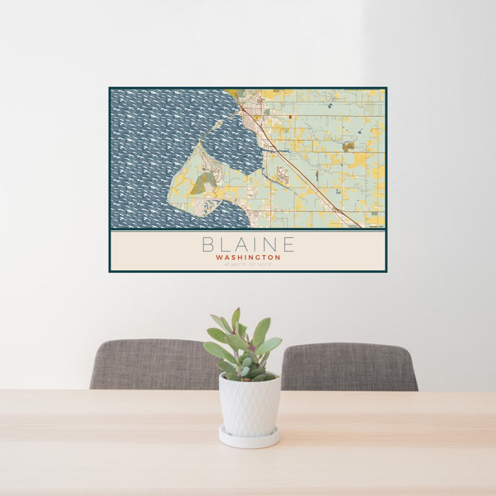 24x36 Blaine Washington Map Print Lanscape Orientation in Woodblock Style Behind 2 Chairs Table and Potted Plant