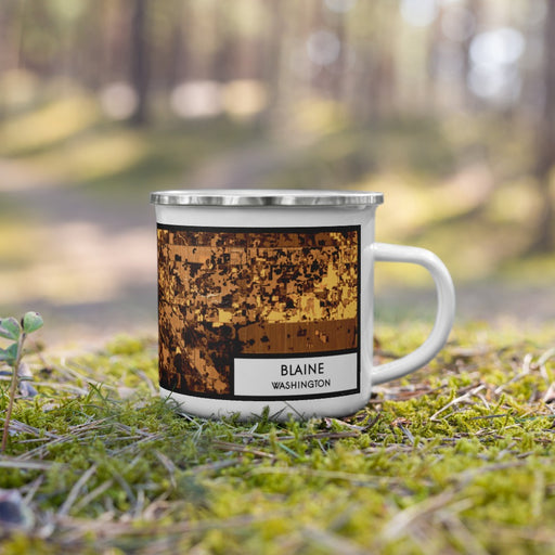 Right View Custom Blaine Washington Map Enamel Mug in Ember on Grass With Trees in Background