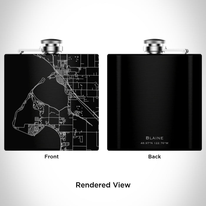 Rendered View of Blaine Washington Map Engraving on 6oz Stainless Steel Flask in Black