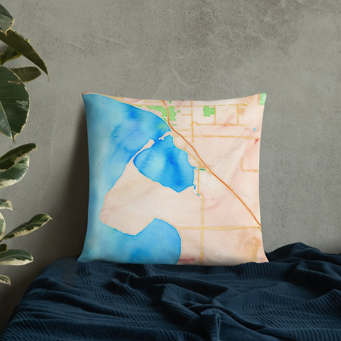 Custom Blaine Washington Map Throw Pillow in Watercolor on Bedding Against Wall