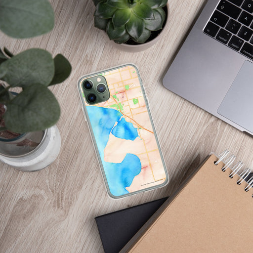 Custom Blaine Washington Map Phone Case in Watercolor on Table with Laptop and Plant