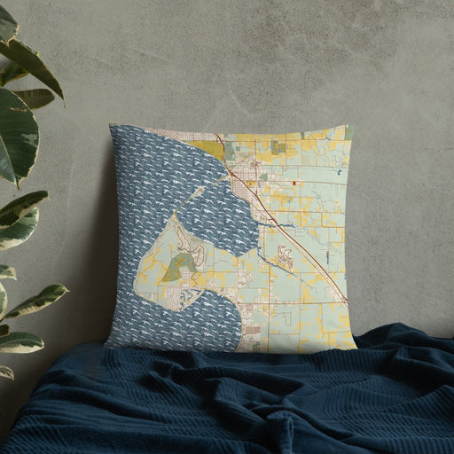 Custom Blaine Washington Map Throw Pillow in Woodblock on Bedding Against Wall