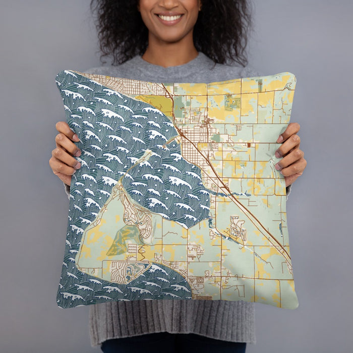 Person holding 18x18 Custom Blaine Washington Map Throw Pillow in Woodblock