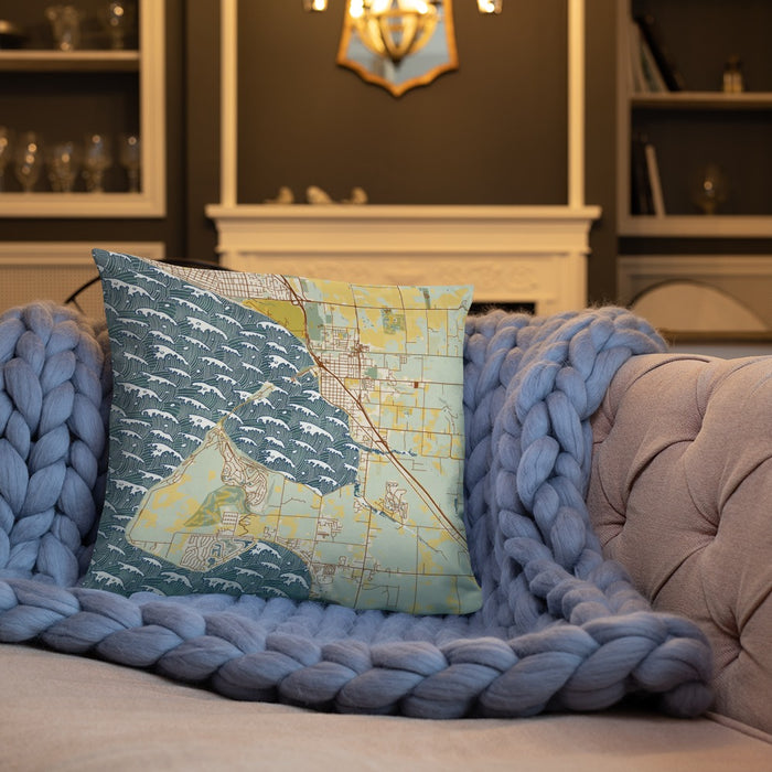 Custom Blaine Washington Map Throw Pillow in Woodblock on Cream Colored Couch