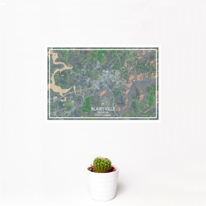 12x18 Blairsville Georgia Map Print Landscape Orientation in Afternoon Style With Small Cactus Plant in White Planter