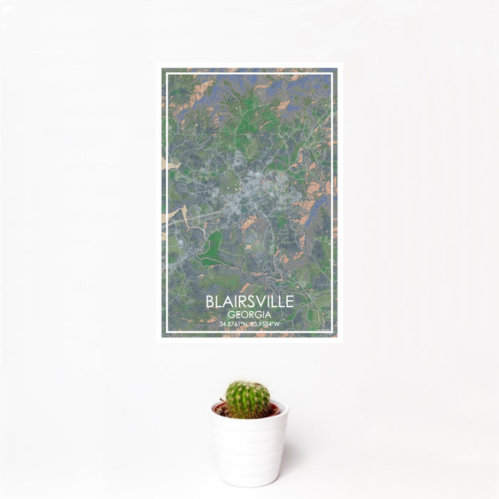 12x18 Blairsville Georgia Map Print Portrait Orientation in Afternoon Style With Small Cactus Plant in White Planter