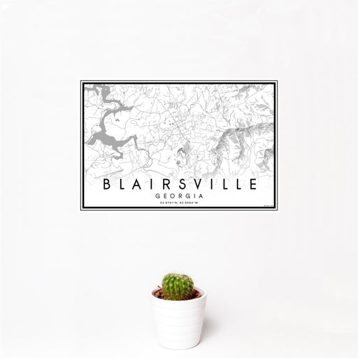 12x18 Blairsville Georgia Map Print Landscape Orientation in Classic Style With Small Cactus Plant in White Planter