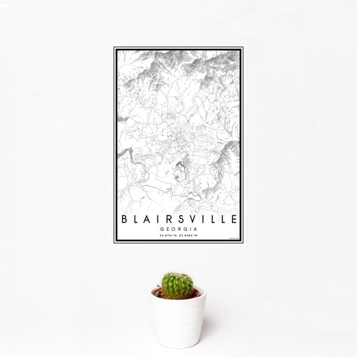 12x18 Blairsville Georgia Map Print Portrait Orientation in Classic Style With Small Cactus Plant in White Planter