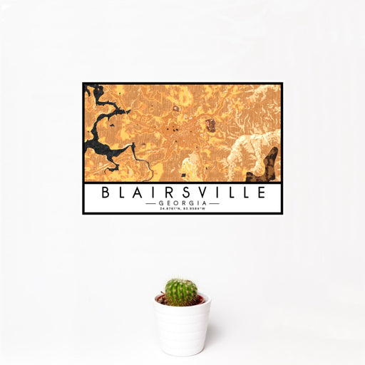 12x18 Blairsville Georgia Map Print Landscape Orientation in Ember Style With Small Cactus Plant in White Planter