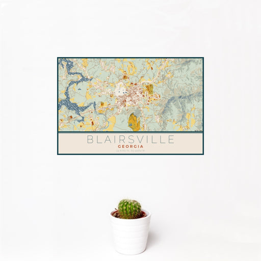 12x18 Blairsville Georgia Map Print Landscape Orientation in Woodblock Style With Small Cactus Plant in White Planter