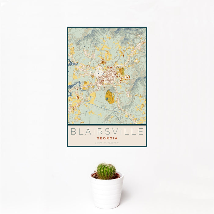 12x18 Blairsville Georgia Map Print Portrait Orientation in Woodblock Style With Small Cactus Plant in White Planter