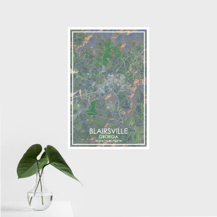 16x24 Blairsville Georgia Map Print Portrait Orientation in Afternoon Style With Tropical Plant Leaves in Water
