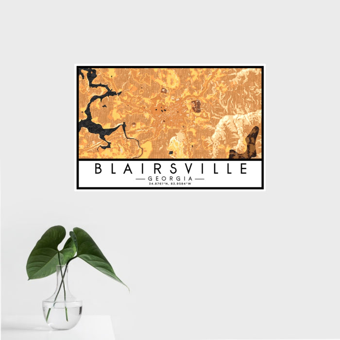 16x24 Blairsville Georgia Map Print Landscape Orientation in Ember Style With Tropical Plant Leaves in Water