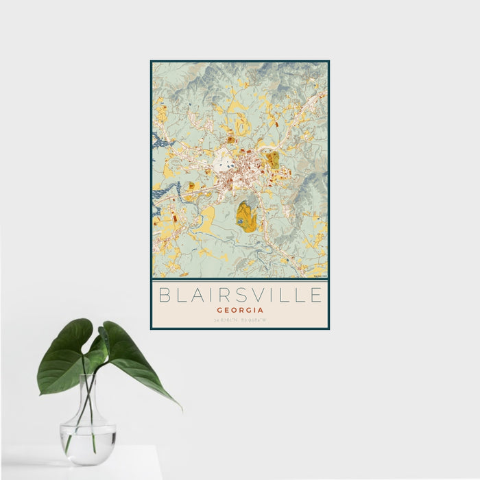 16x24 Blairsville Georgia Map Print Portrait Orientation in Woodblock Style With Tropical Plant Leaves in Water