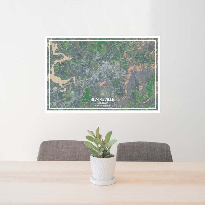 24x36 Blairsville Georgia Map Print Lanscape Orientation in Afternoon Style Behind 2 Chairs Table and Potted Plant