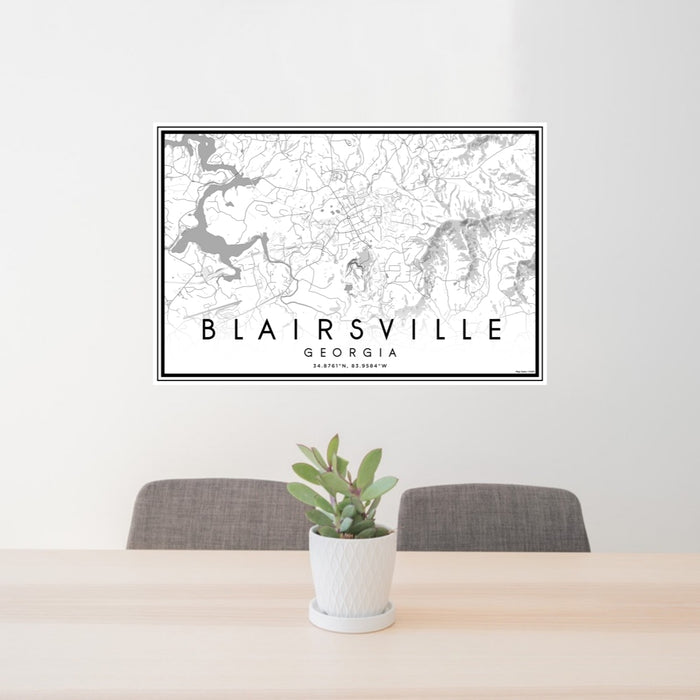 24x36 Blairsville Georgia Map Print Lanscape Orientation in Classic Style Behind 2 Chairs Table and Potted Plant