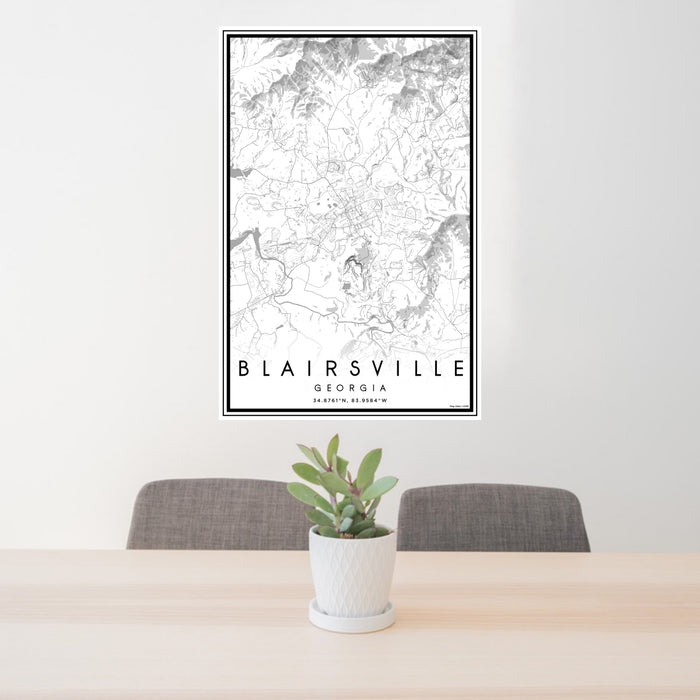 24x36 Blairsville Georgia Map Print Portrait Orientation in Classic Style Behind 2 Chairs Table and Potted Plant