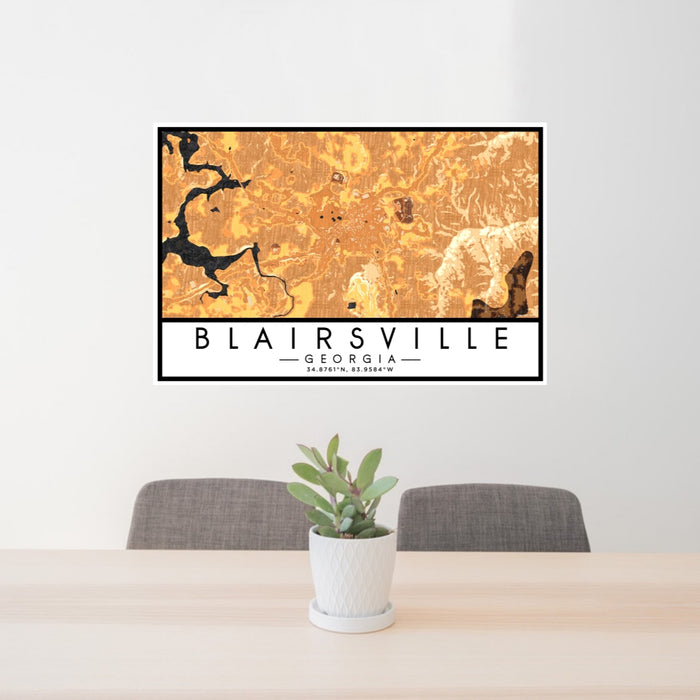 24x36 Blairsville Georgia Map Print Lanscape Orientation in Ember Style Behind 2 Chairs Table and Potted Plant