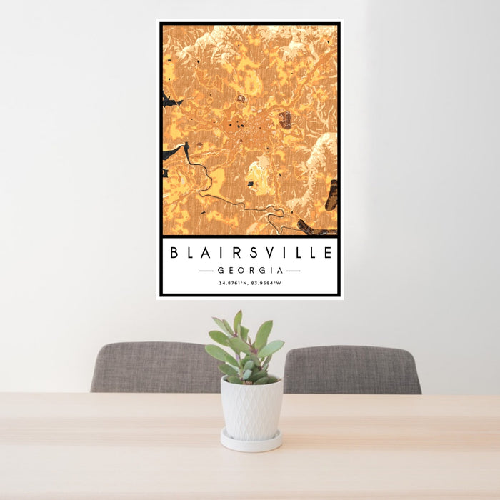 24x36 Blairsville Georgia Map Print Portrait Orientation in Ember Style Behind 2 Chairs Table and Potted Plant