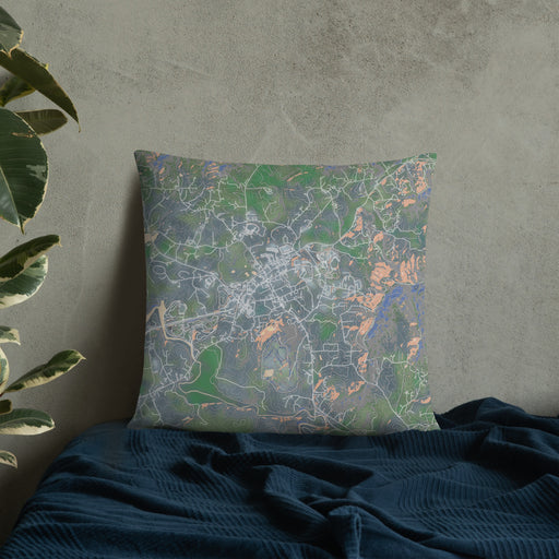 Custom Blairsville Georgia Map Throw Pillow in Afternoon on Bedding Against Wall