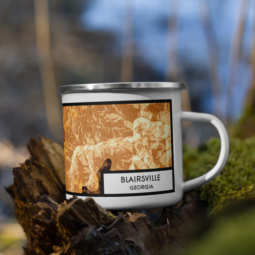 Right View Custom Blairsville Georgia Map Enamel Mug in Ember on Grass With Trees in Background