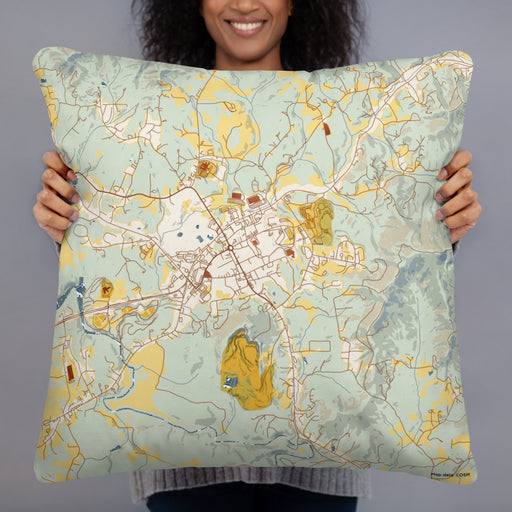 Person holding 22x22 Custom Blairsville Georgia Map Throw Pillow in Woodblock