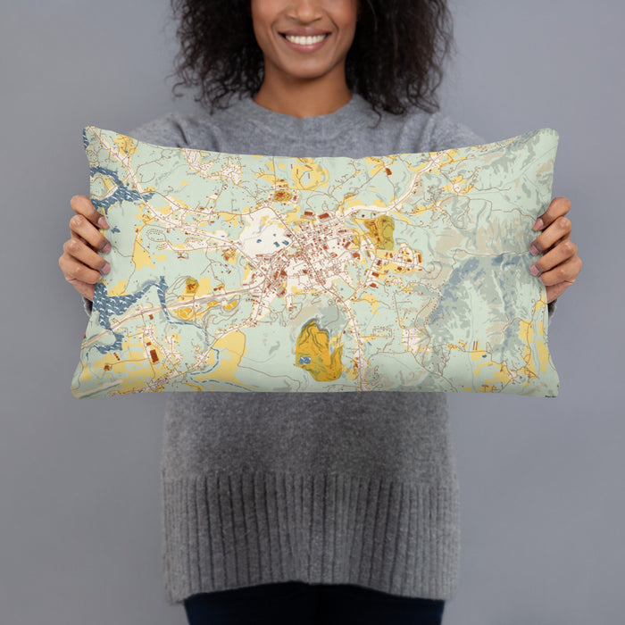 Person holding 20x12 Custom Blairsville Georgia Map Throw Pillow in Woodblock