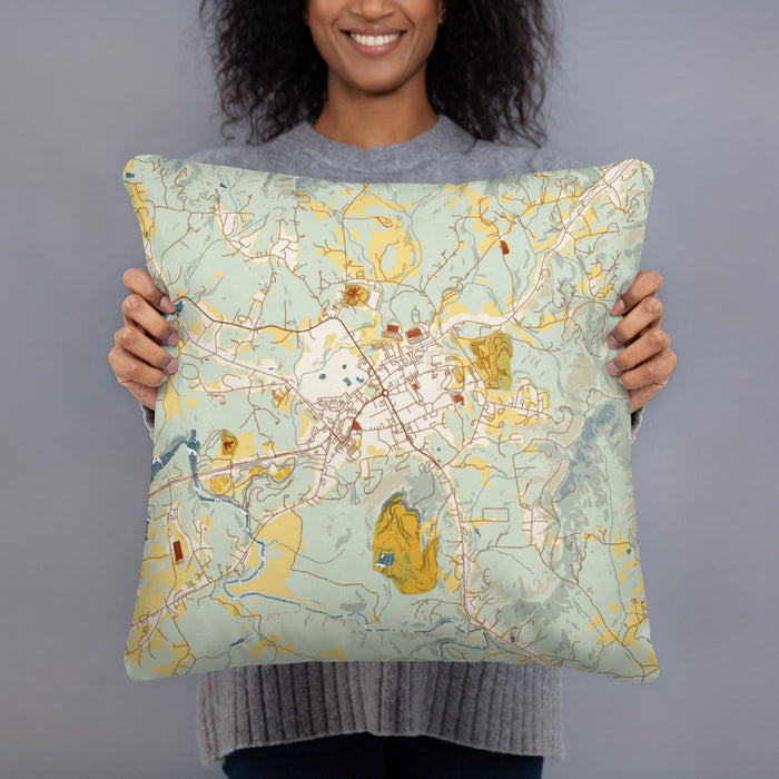 Person holding 18x18 Custom Blairsville Georgia Map Throw Pillow in Woodblock