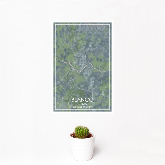 12x18 Blanco Texas Map Print Portrait Orientation in Afternoon Style With Small Cactus Plant in White Planter