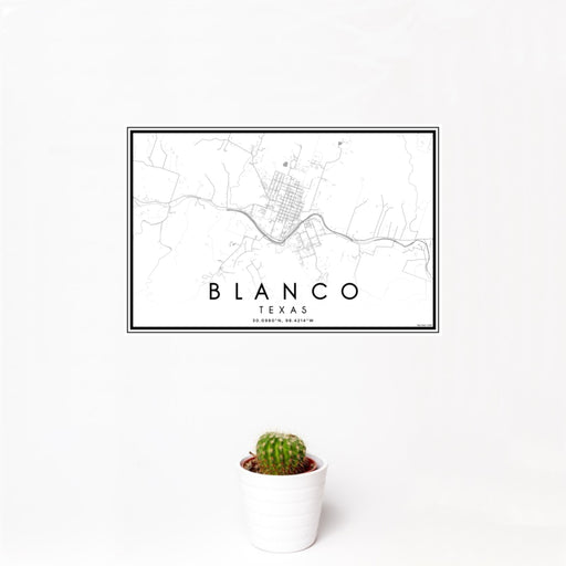 12x18 Blanco Texas Map Print Landscape Orientation in Classic Style With Small Cactus Plant in White Planter