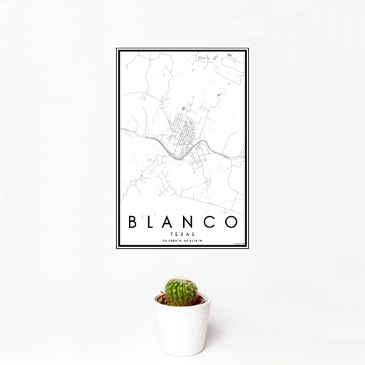 12x18 Blanco Texas Map Print Portrait Orientation in Classic Style With Small Cactus Plant in White Planter