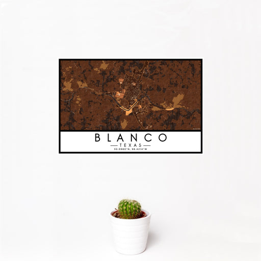 12x18 Blanco Texas Map Print Landscape Orientation in Ember Style With Small Cactus Plant in White Planter