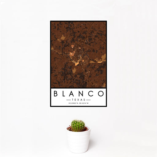 12x18 Blanco Texas Map Print Portrait Orientation in Ember Style With Small Cactus Plant in White Planter