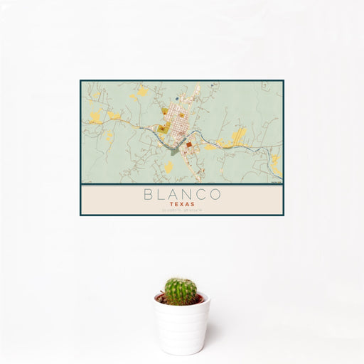 12x18 Blanco Texas Map Print Landscape Orientation in Woodblock Style With Small Cactus Plant in White Planter