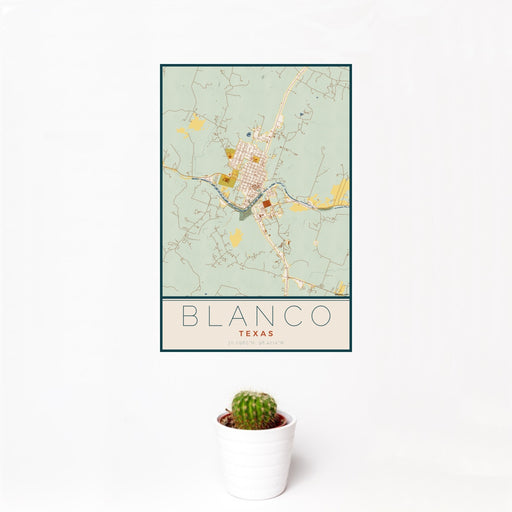 12x18 Blanco Texas Map Print Portrait Orientation in Woodblock Style With Small Cactus Plant in White Planter