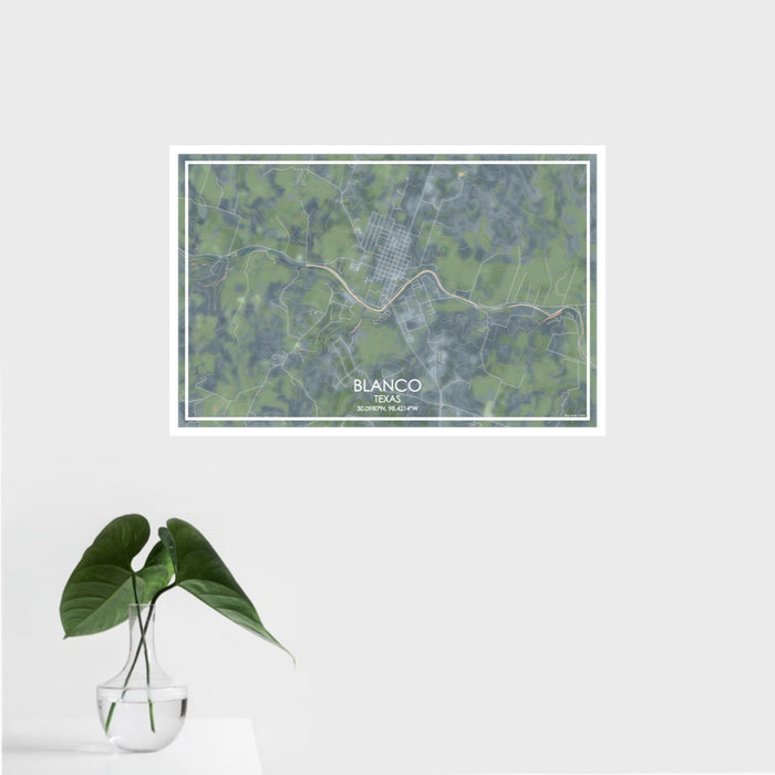 16x24 Blanco Texas Map Print Landscape Orientation in Afternoon Style With Tropical Plant Leaves in Water