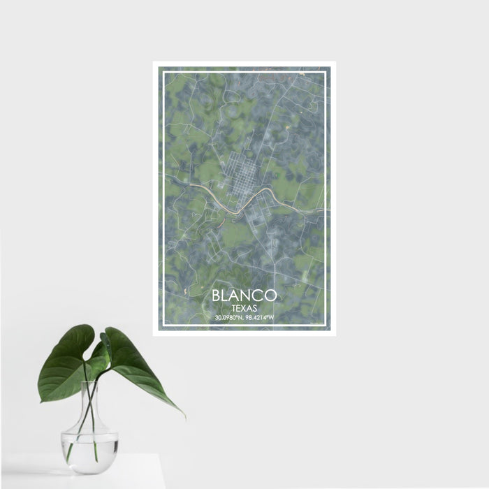 16x24 Blanco Texas Map Print Portrait Orientation in Afternoon Style With Tropical Plant Leaves in Water