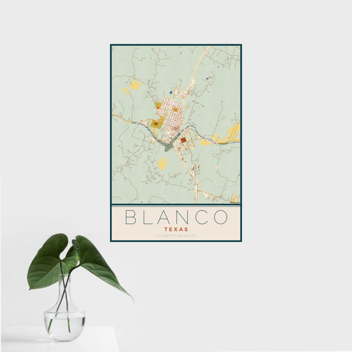 16x24 Blanco Texas Map Print Portrait Orientation in Woodblock Style With Tropical Plant Leaves in Water